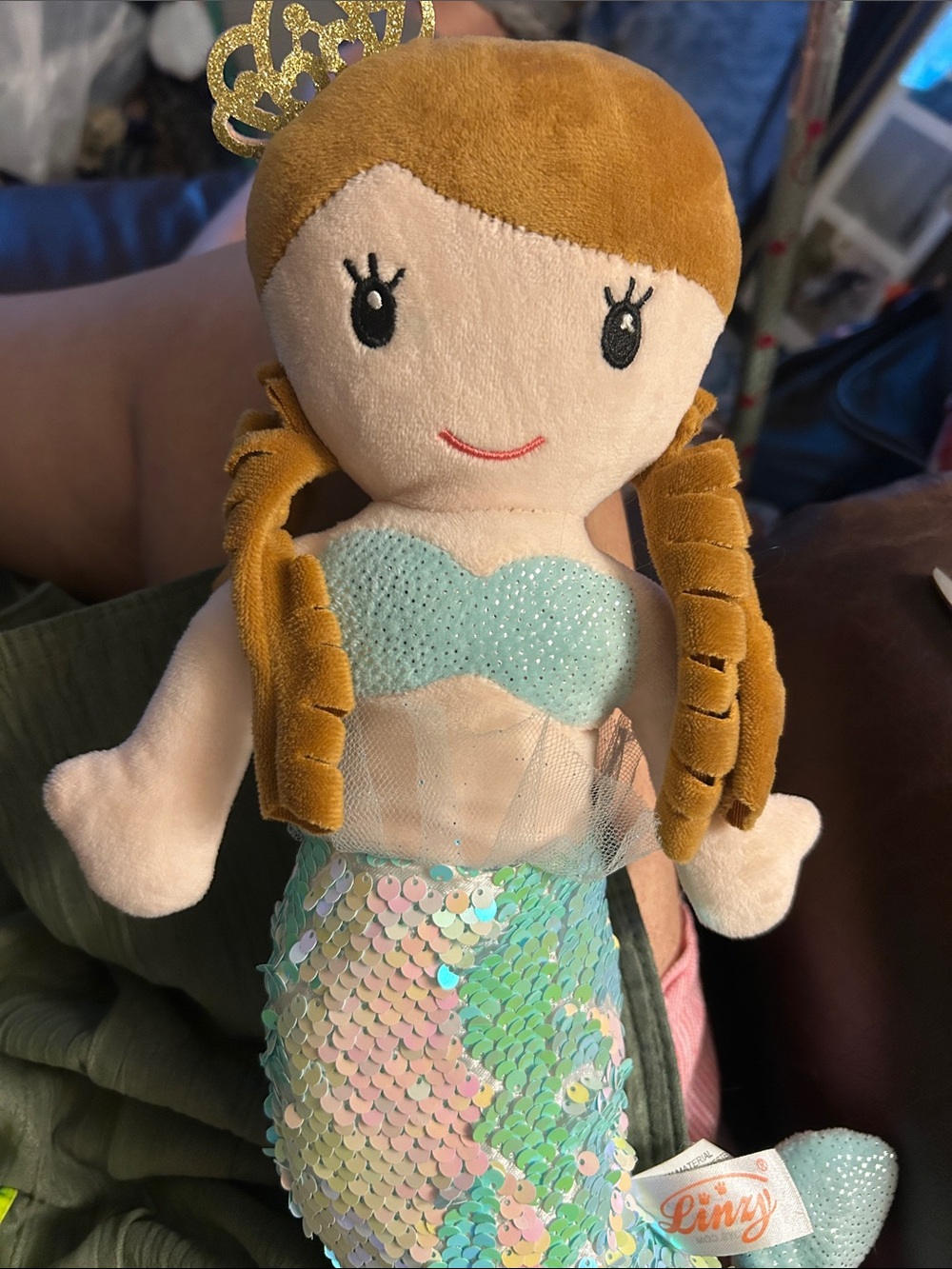LINZY, Brown Haired Mermaid, beautiful Gold Crown, sequined lower body! Stuffed